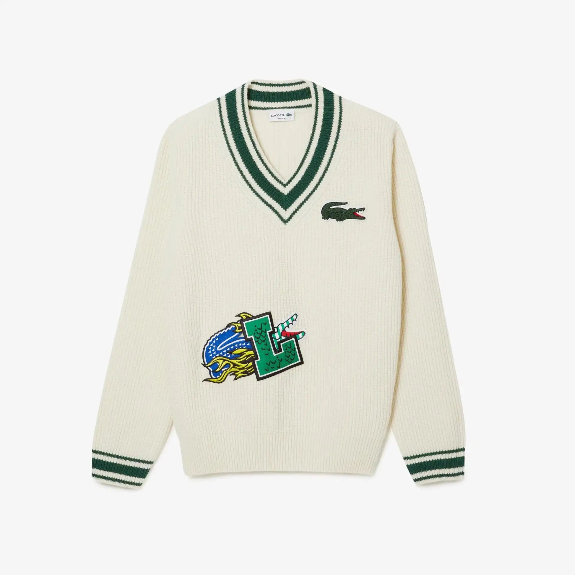 Lacoste Men's Comic Badge Striped V-Neck Sweater white